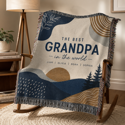 Personalized Best Grandpa woven throw blanket on a wooden rocking chair