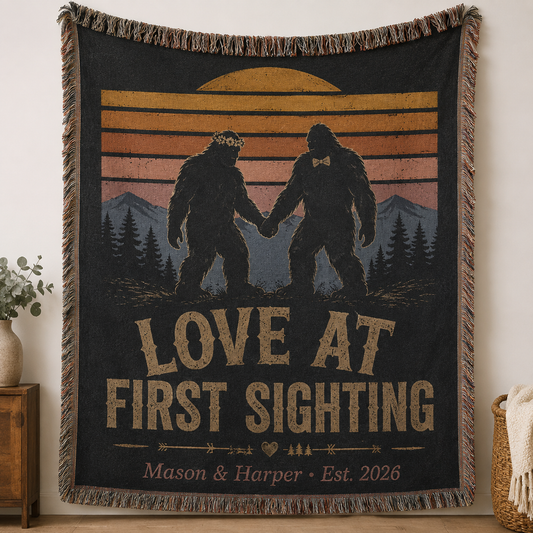 Personalized Bigfoot wedding woven blanket with custom couple names and established year