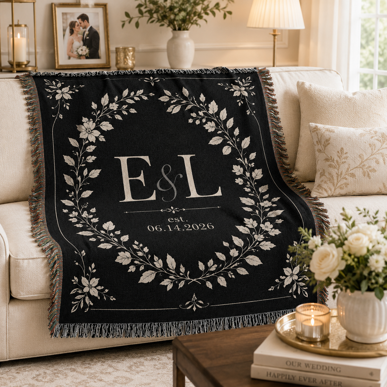 Personalized black botanical woven blanket in a newlywed living room