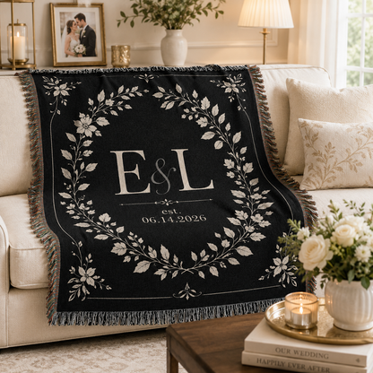 Personalized black botanical woven blanket in a newlywed living room