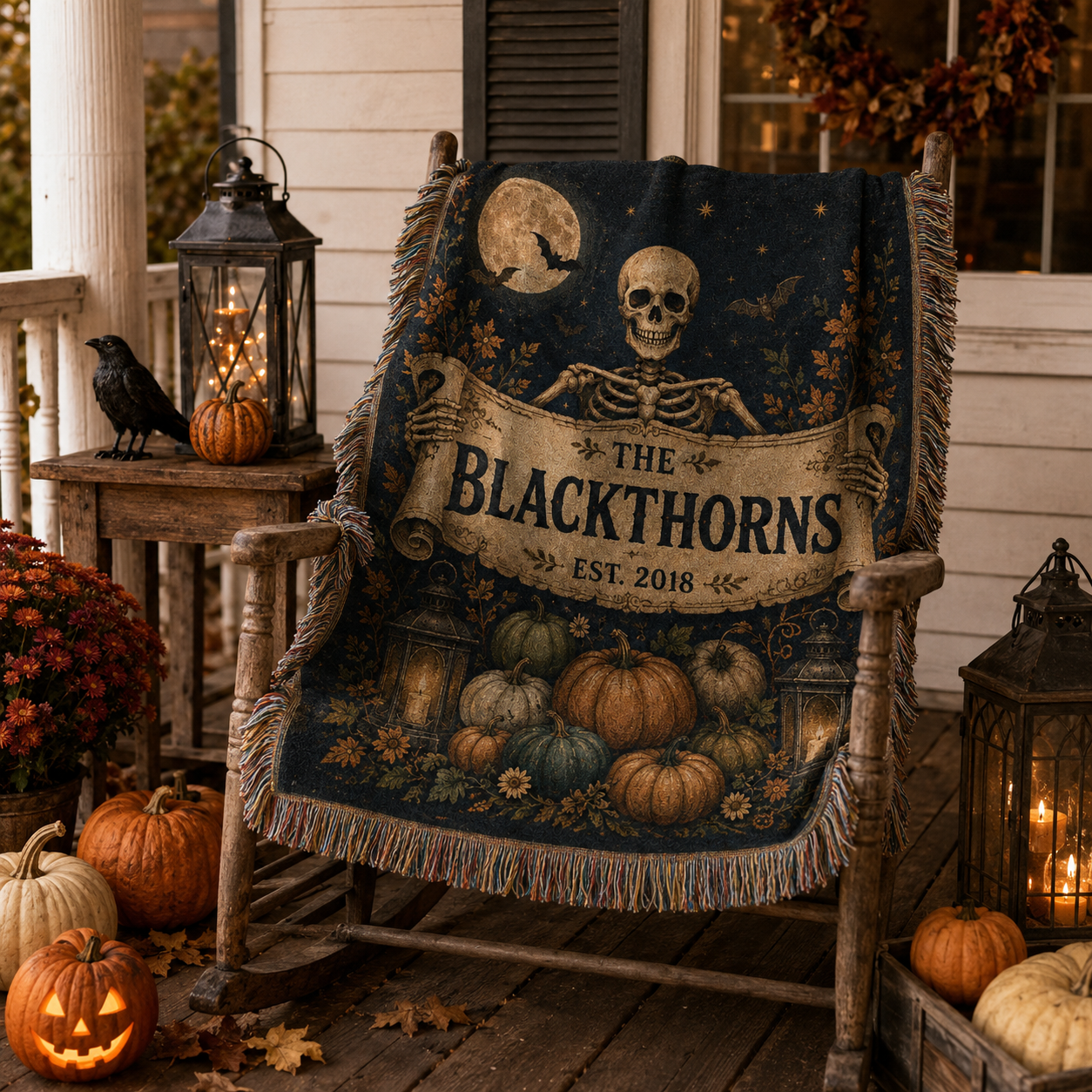 Personalized skeleton family name Halloween woven blanket on a rustic autumn porch