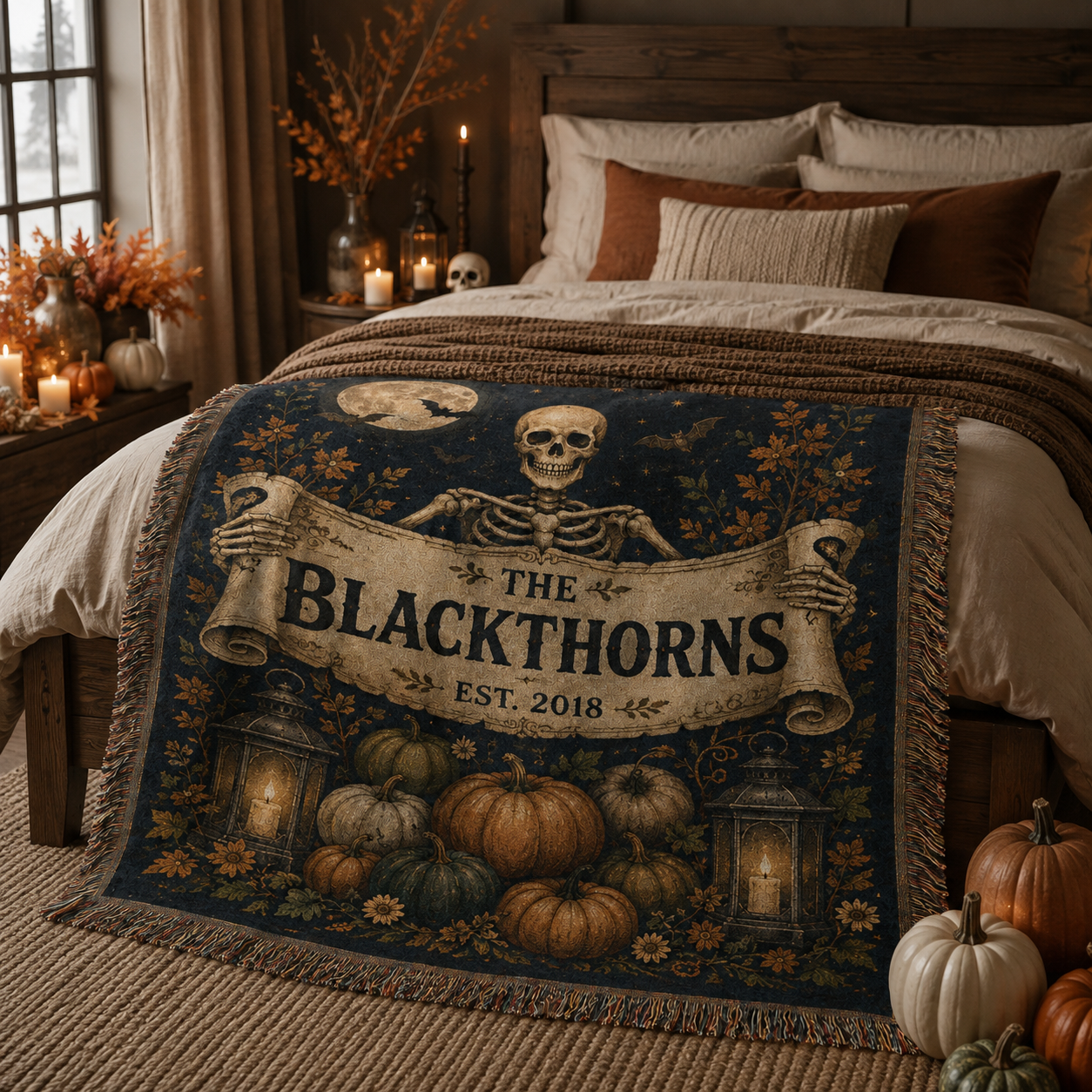 Personalized Blackthorns Halloween woven blanket styled across a cozy autumn bedroom bed