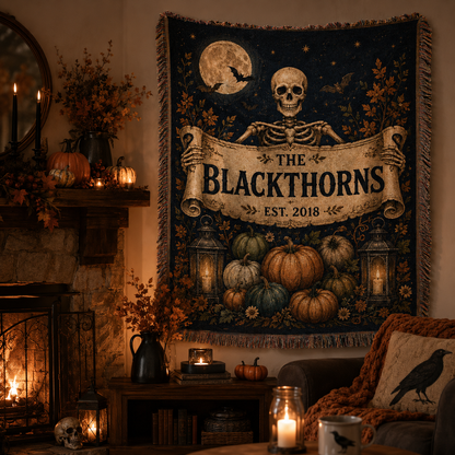 Personalized skeleton Halloween woven blanket displayed as wall decor beside a candlelit fireplace