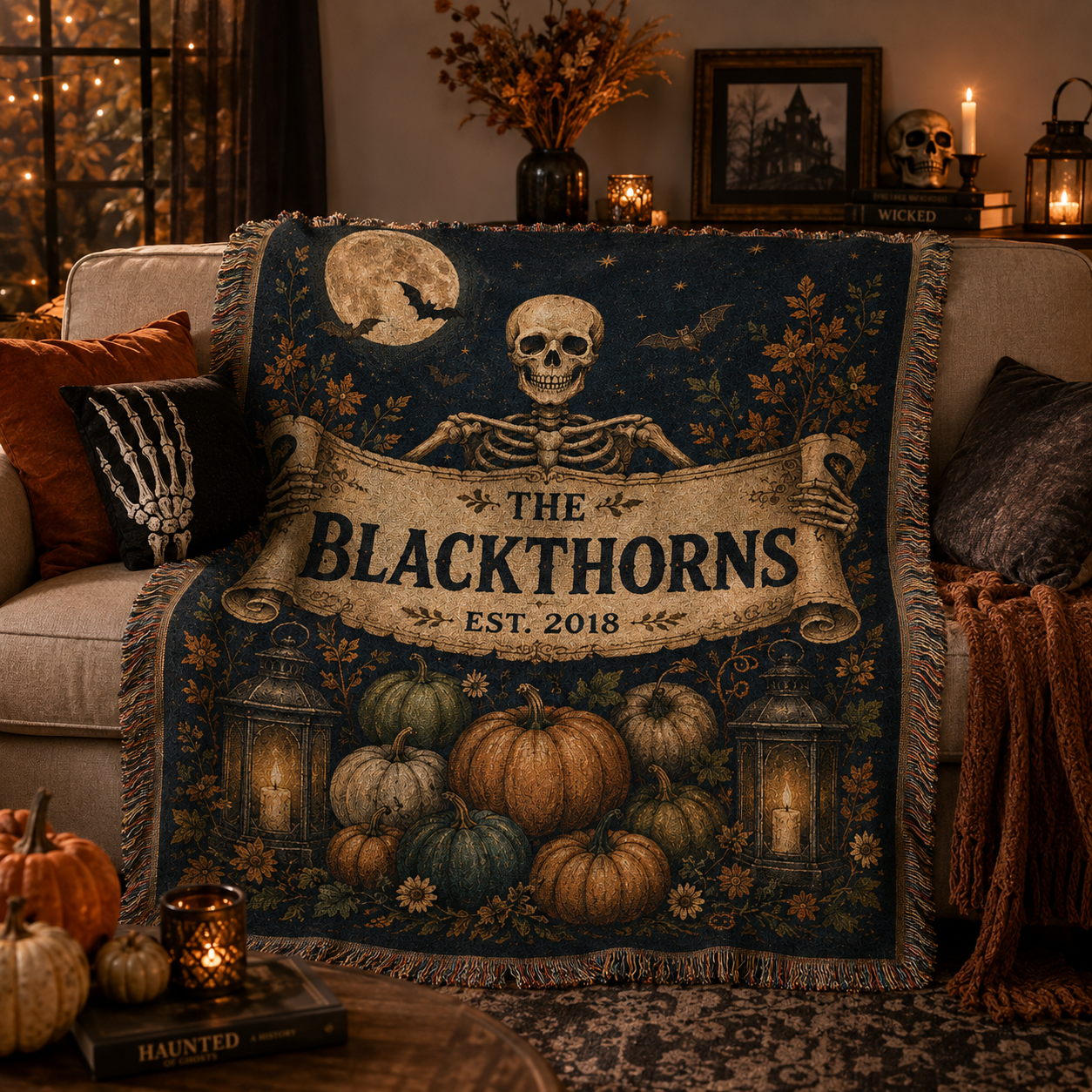 Personalized Blackthorns Halloween woven blanket styled on a cozy autumn living room sofa