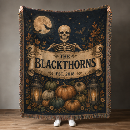 Personalized Blackthorns Halloween woven blanket with skeleton, moon, bats, lanterns and pumpkins