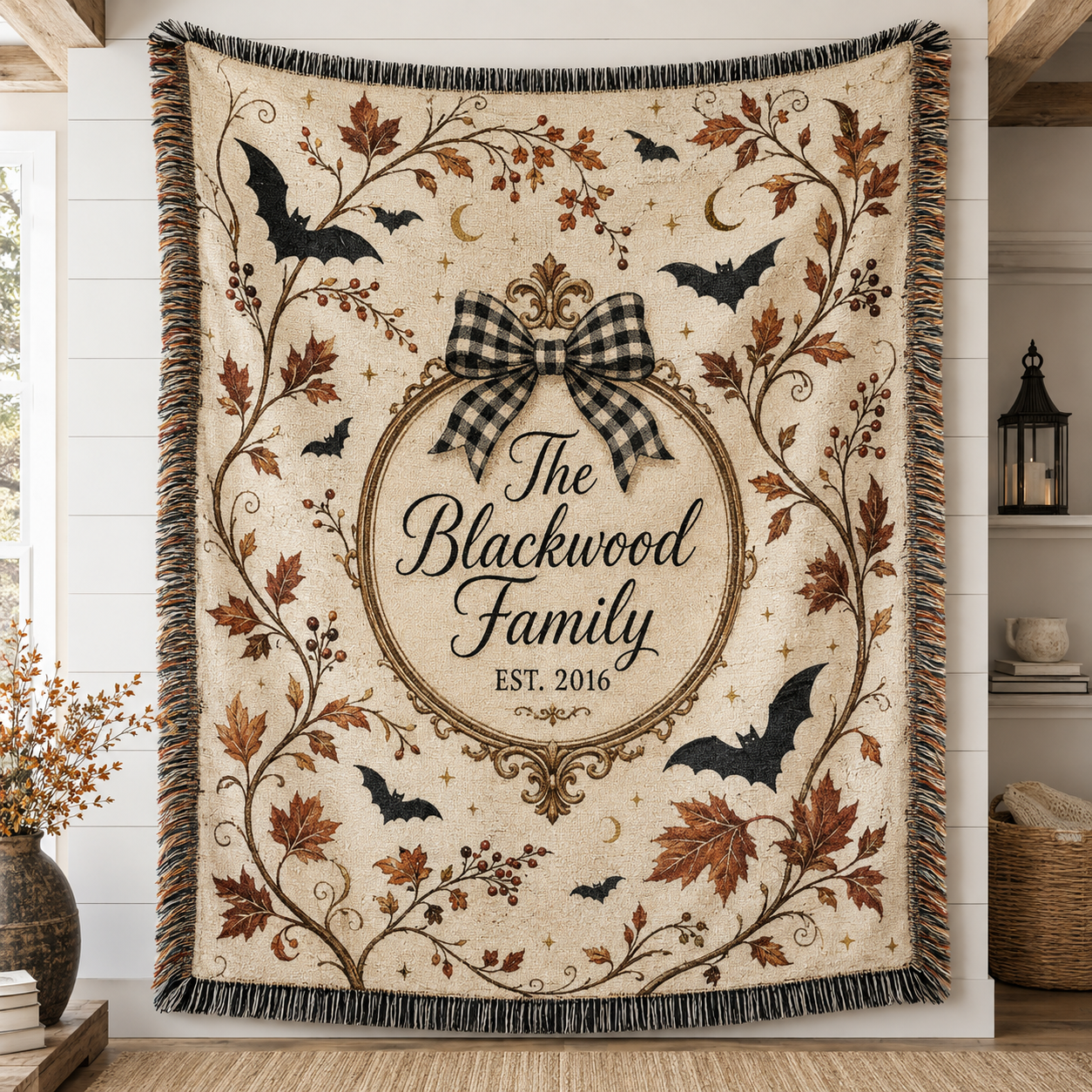 Personalized Blackwood Family Halloween woven blanket with bats autumn leaves and established year