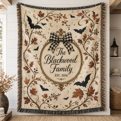 Personalized Blackwood Family Halloween woven blanket with bats autumn leaves and established year