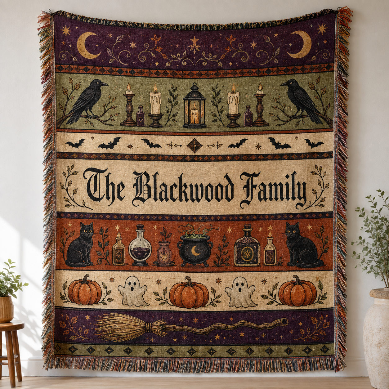 Personalized Blackwood Family Halloween woven blanket with ravens black cats potions ghosts and pumpkins