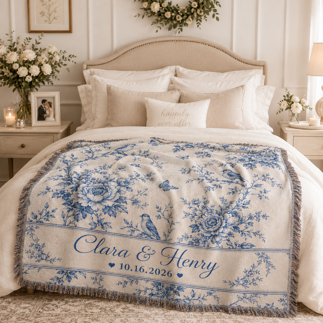 Personalized blue floral toile wedding woven blanket styled across a romantic bedroom bed