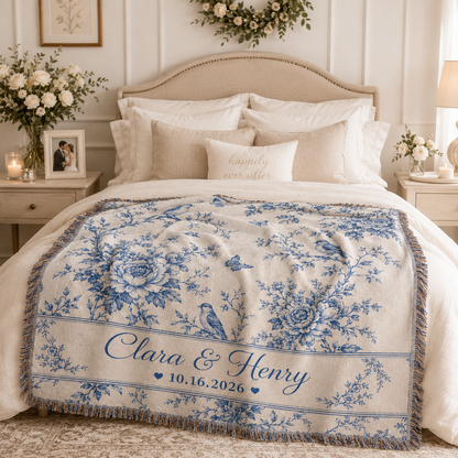 Personalized blue floral toile wedding woven blanket styled across a romantic bedroom bed