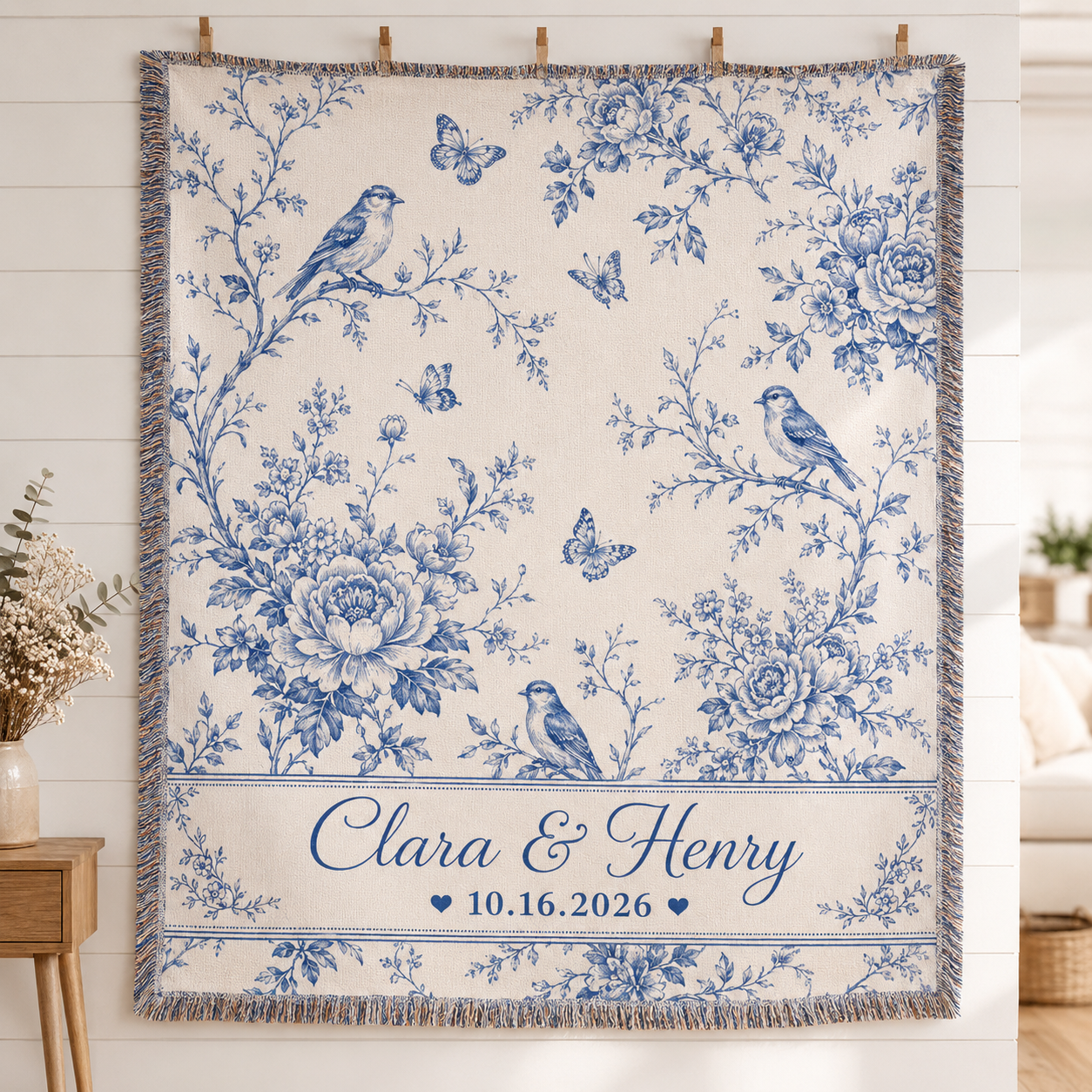 Personalized blue floral toile wedding woven blanket with birds butterflies couple names and date