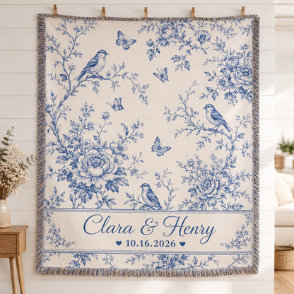 Personalized blue floral toile wedding woven blanket with birds butterflies couple names and date