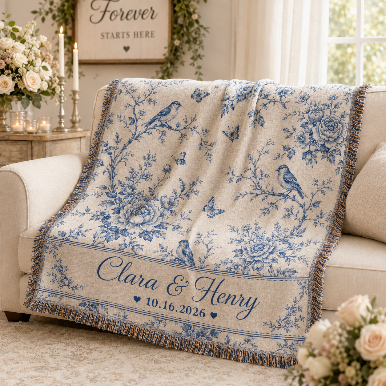 Personalized blue floral toile wedding woven blanket softly draped on a neutral sofa
