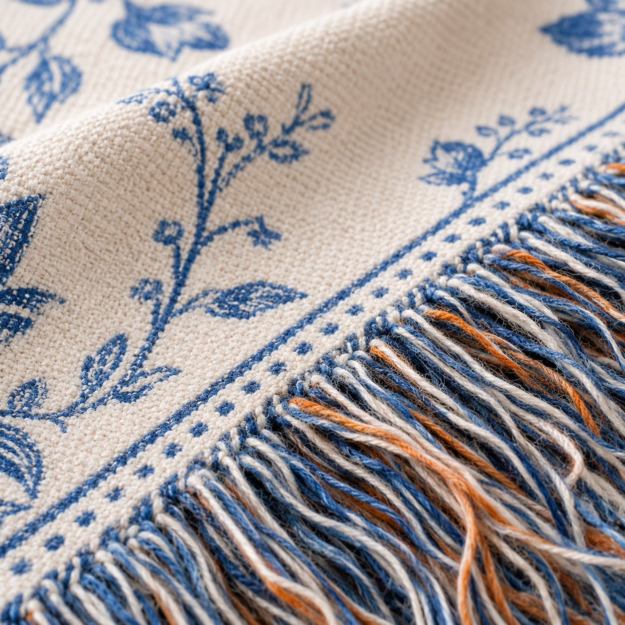 Macro woven texture and multicolor fringe detail of blue floral toile wedding blanket