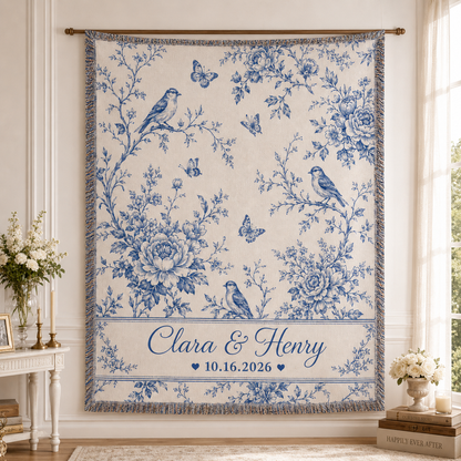 Personalized blue floral toile wedding woven blanket displayed as elegant wall decor