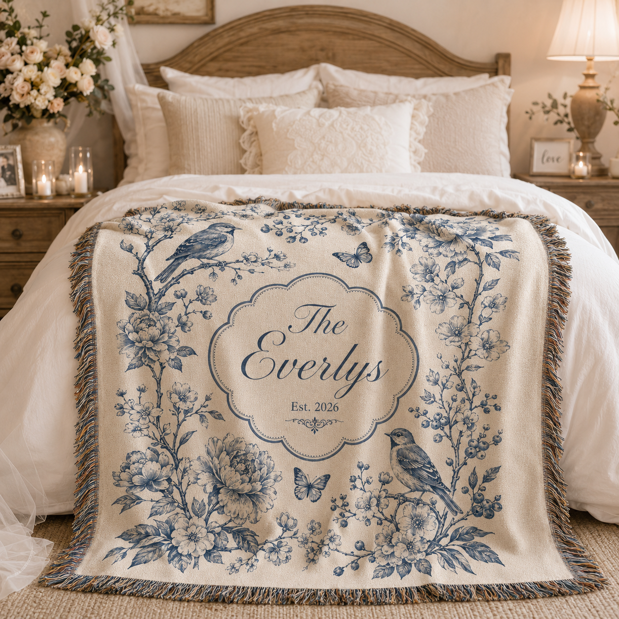 Personalized blue floral wedding woven blanket styled across a romantic bedroom bed