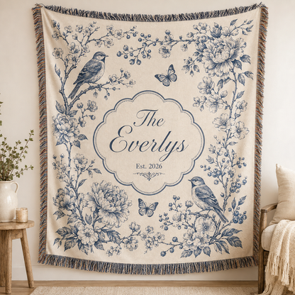 Personalized wedding woven blanket with custom family name, blue floral birds and butterflies