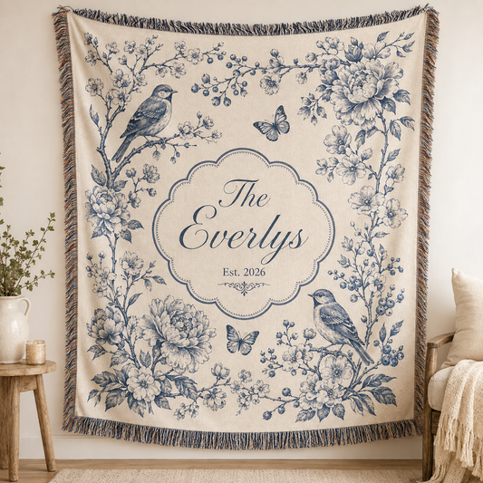 Personalized wedding woven blanket with custom family name, blue floral birds and butterflies