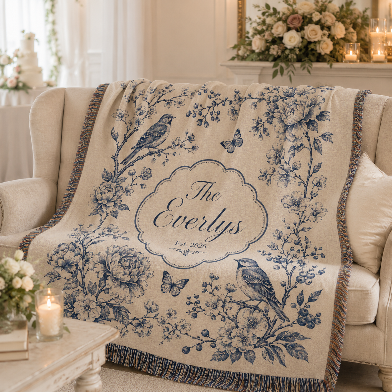 Personalized blue floral wedding woven blanket softly draped over a neutral sofa