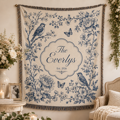 Personalized blue floral wedding woven blanket displayed as elegant wall decor