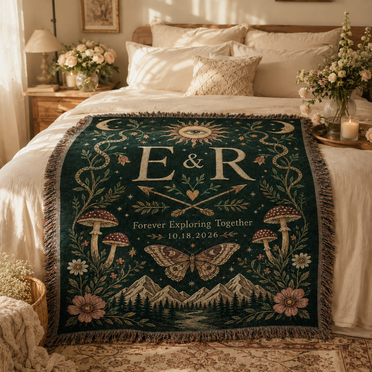 Personalized boho wedding woven blanket styled across a romantic bedroom bed