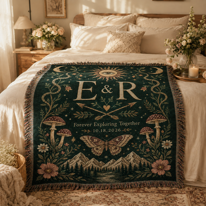 Personalized boho wedding woven blanket styled across a romantic bedroom bed