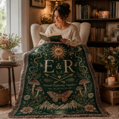 Personalized boho wedding woven blanket used in a cozy reading nook