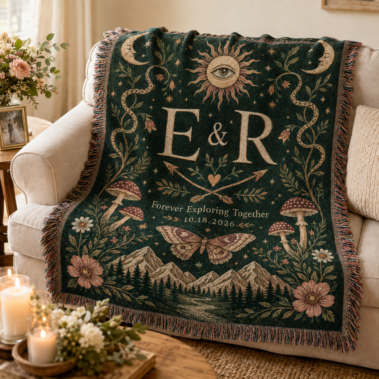Personalized boho wedding woven blanket softly draped on a neutral sofa