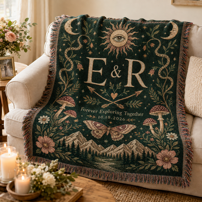 Personalized boho wedding woven blanket softly draped on a neutral sofa