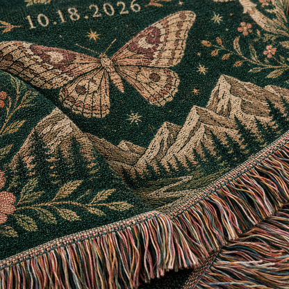Macro detail of personalized boho wedding woven blanket showing woven texture and multicolor fringe