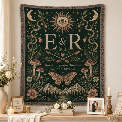 Personalized boho wedding woven blanket displayed as celestial wall decor