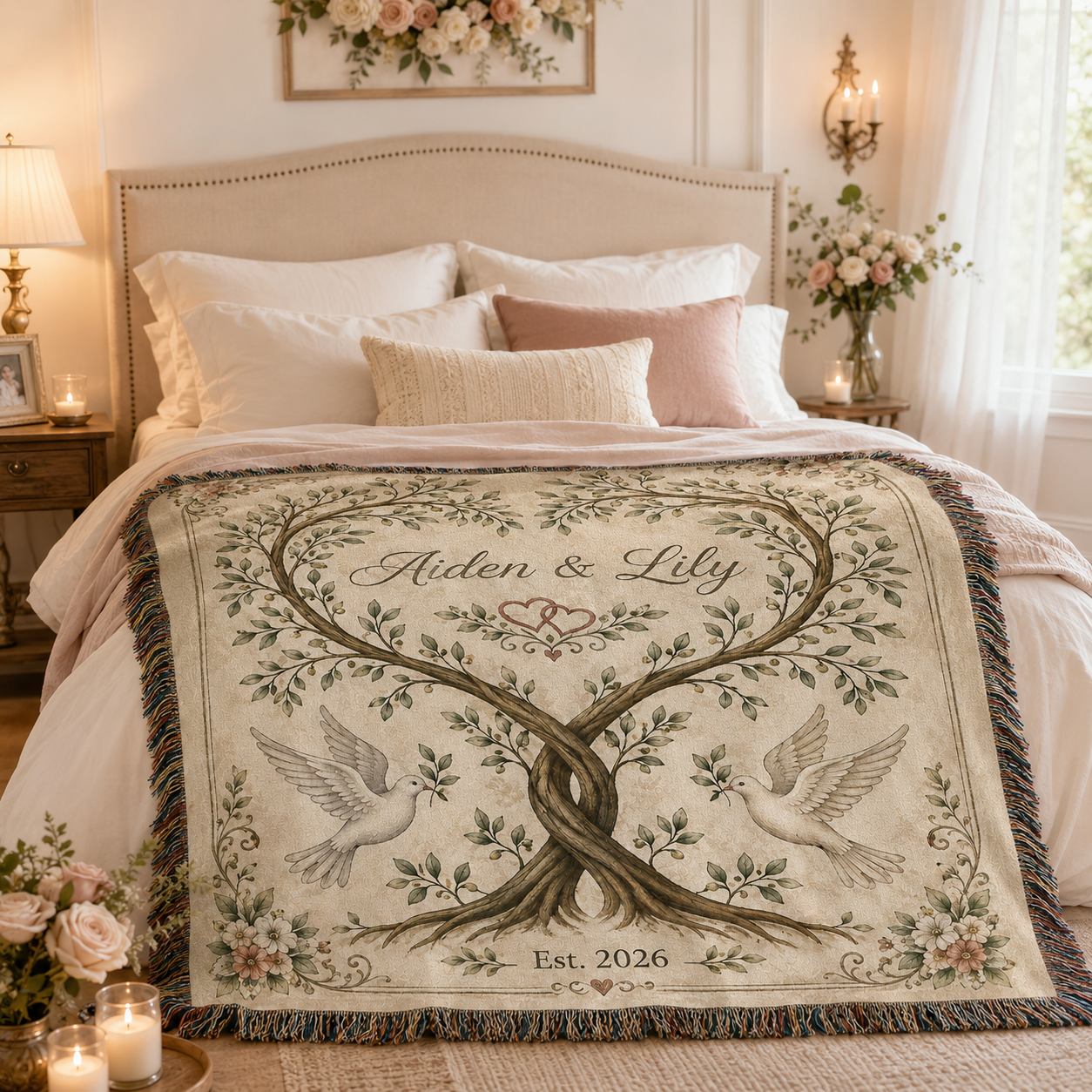 Personalized botanical heart tree wedding woven blanket styled across a romantic bedroom bed