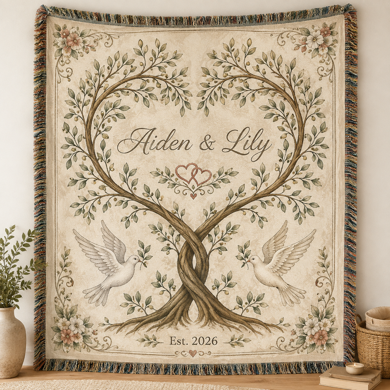 Personalized botanical heart tree wedding woven blanket with Aiden and Lily and Est. 2026