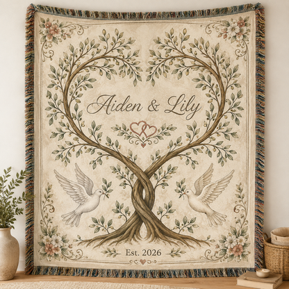 Personalized botanical heart tree wedding woven blanket with Aiden and Lily and Est. 2026
