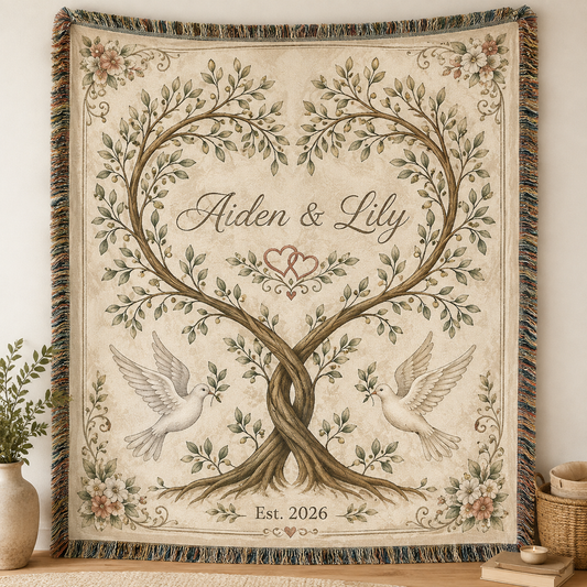 Personalized botanical heart tree wedding woven blanket with Aiden and Lily and Est. 2026
