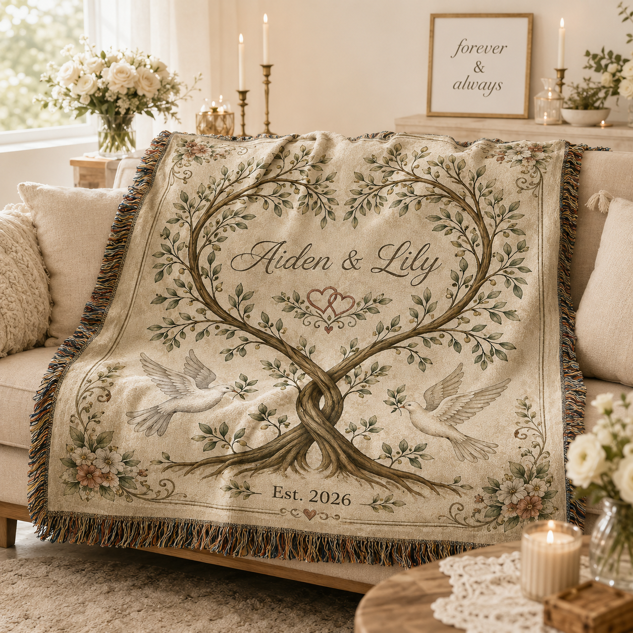 Personalized botanical heart tree wedding woven blanket softly draped on a romantic neutral sofa