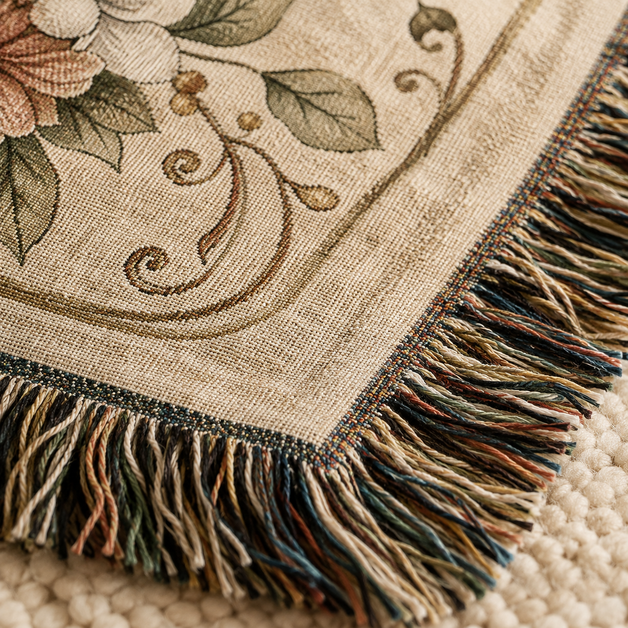 Macro detail of botanical heart tree wedding woven blanket showing woven texture and multicolor fringe