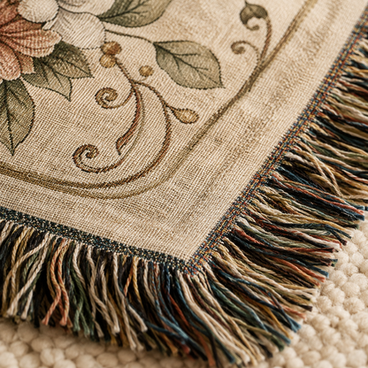 Macro detail of botanical heart tree wedding woven blanket showing woven texture and multicolor fringe