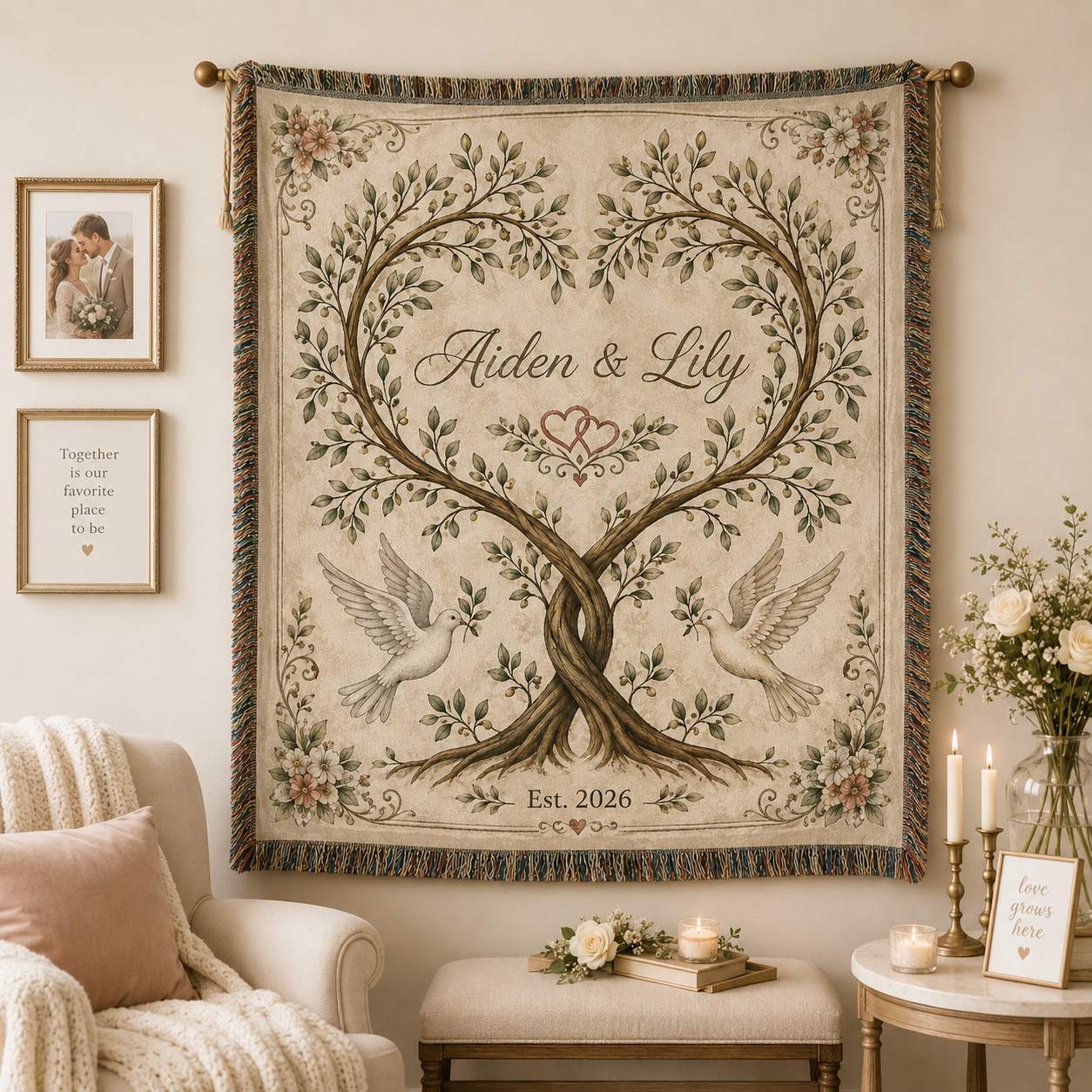 Personalized botanical heart tree wedding woven blanket displayed as romantic textile wall decor