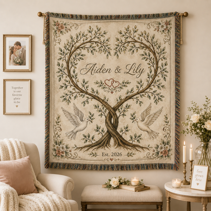Personalized botanical heart tree wedding woven blanket displayed as romantic textile wall decor