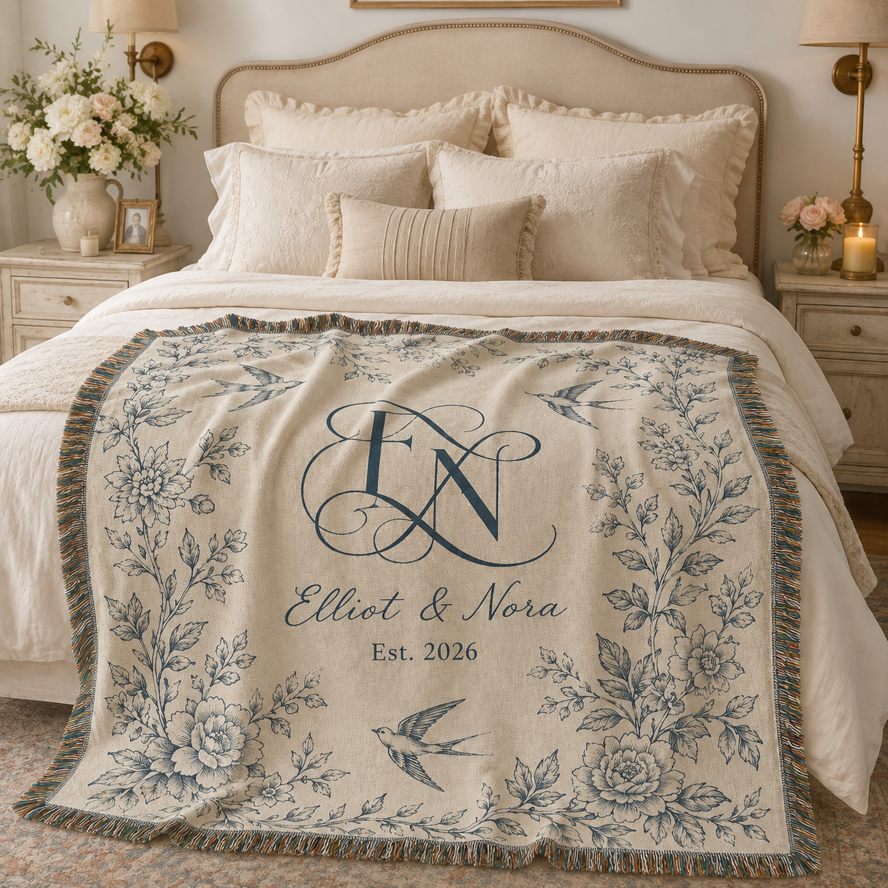 Personalized botanical monogram wedding woven blanket styled across a romantic bedroom bed