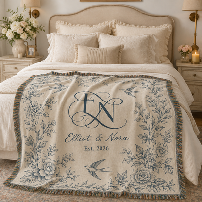 Personalized botanical monogram wedding woven blanket styled across a romantic bedroom bed