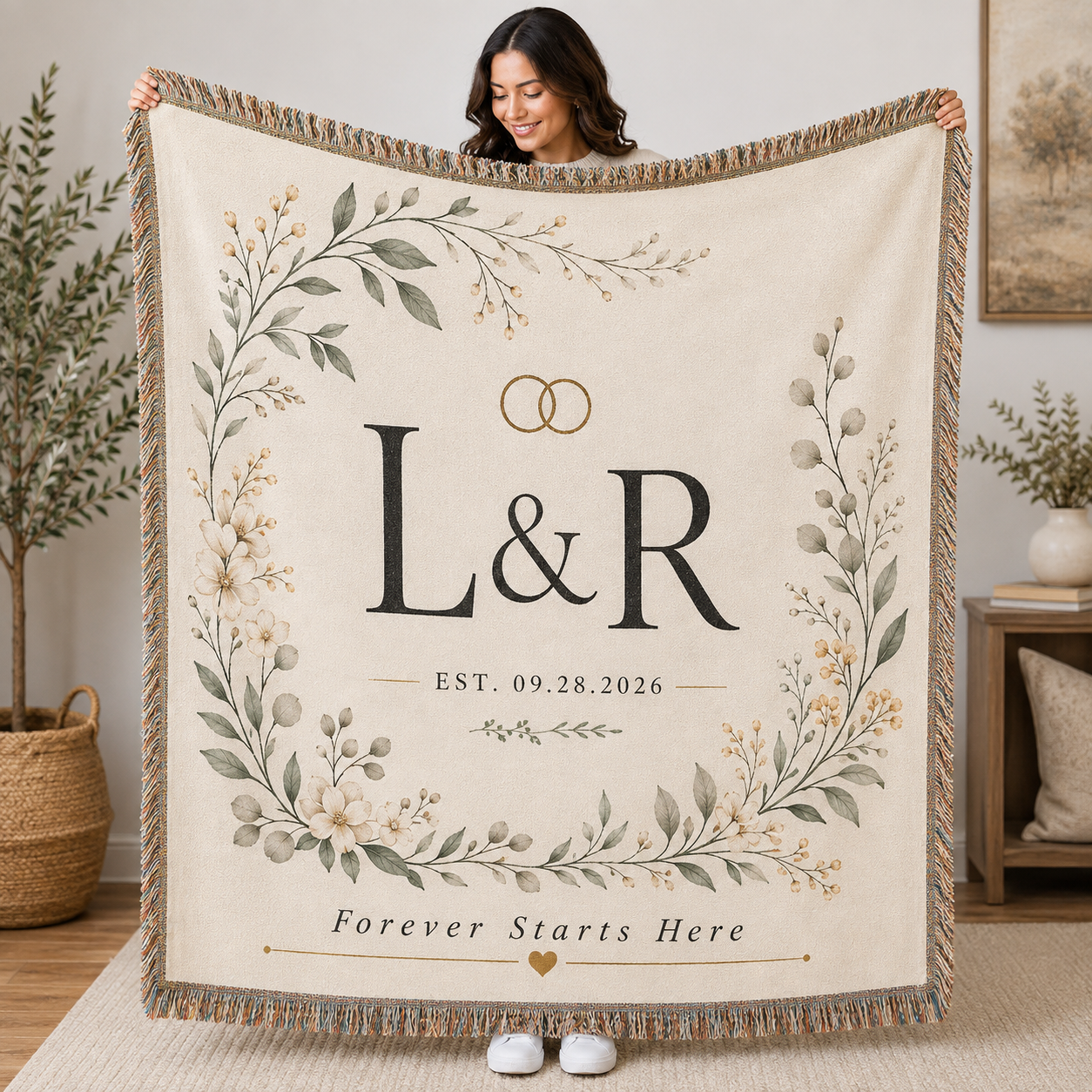 Personalized botanical monogram wedding woven blanket with initials and established date