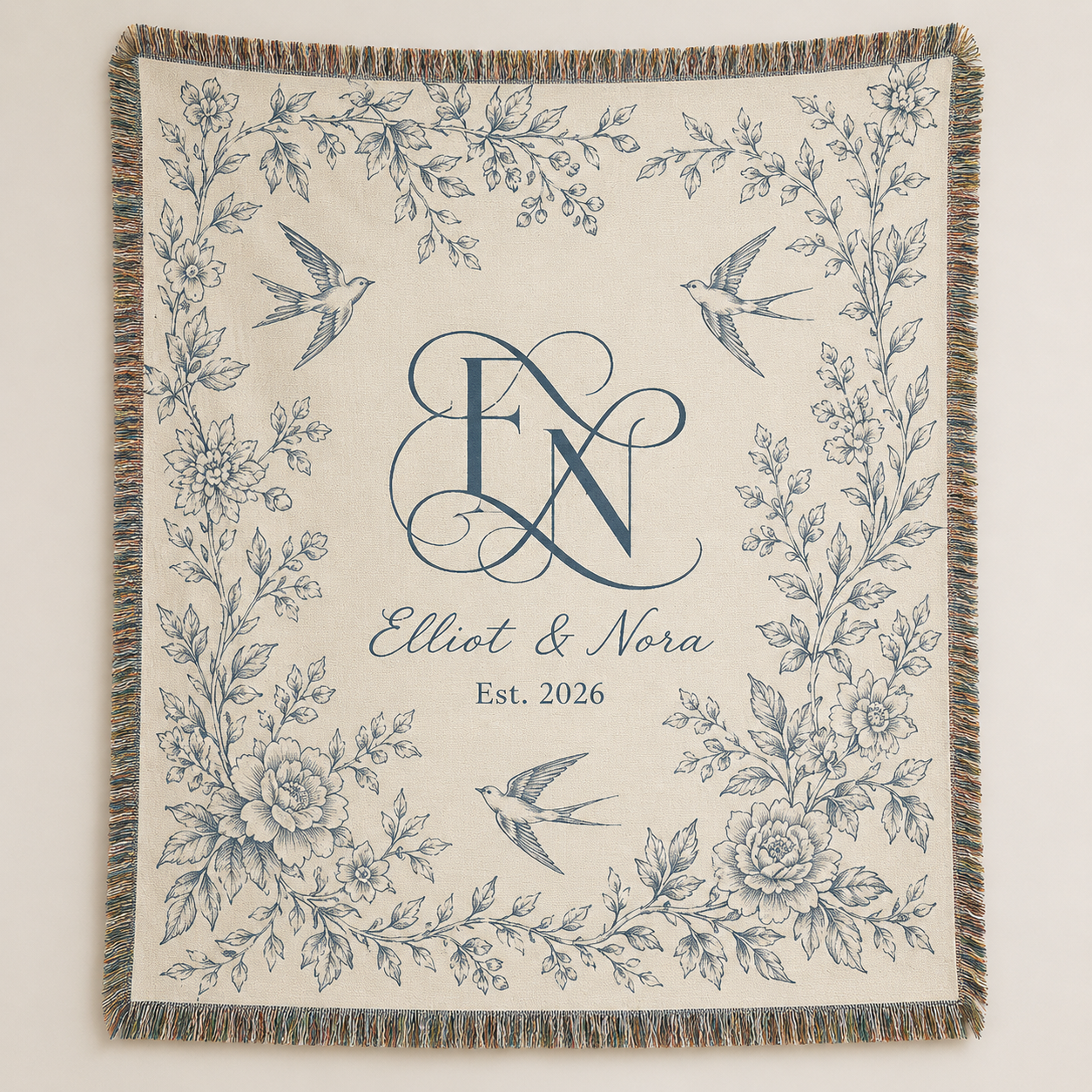 Personalized botanical monogram wedding woven blanket with Elliot and Nora, Est. 2026