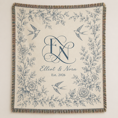 Personalized botanical monogram wedding woven blanket with Elliot and Nora, Est. 2026