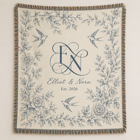 Personalized botanical monogram wedding woven blanket with Elliot and Nora, Est. 2026