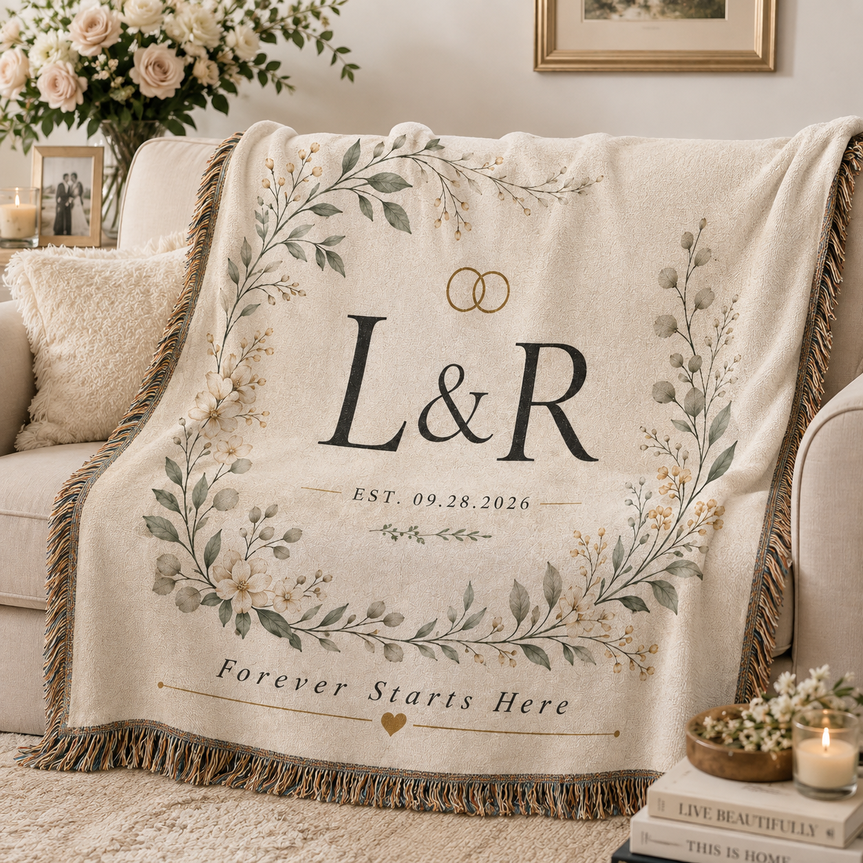 Personalized botanical monogram wedding woven blanket softly draped on a neutral sofa
