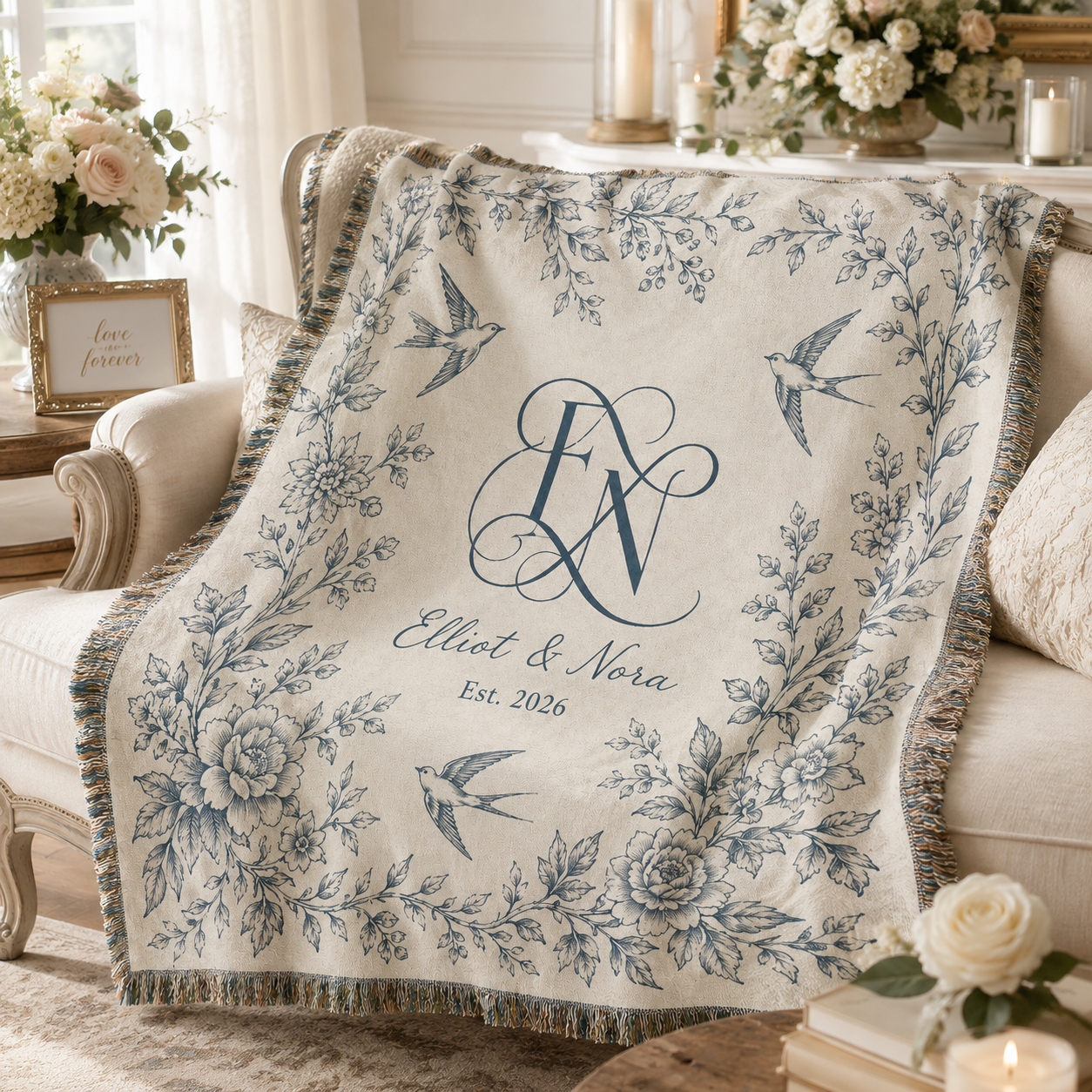 Personalized botanical monogram wedding woven blanket softly draped on an elegant romantic sofa