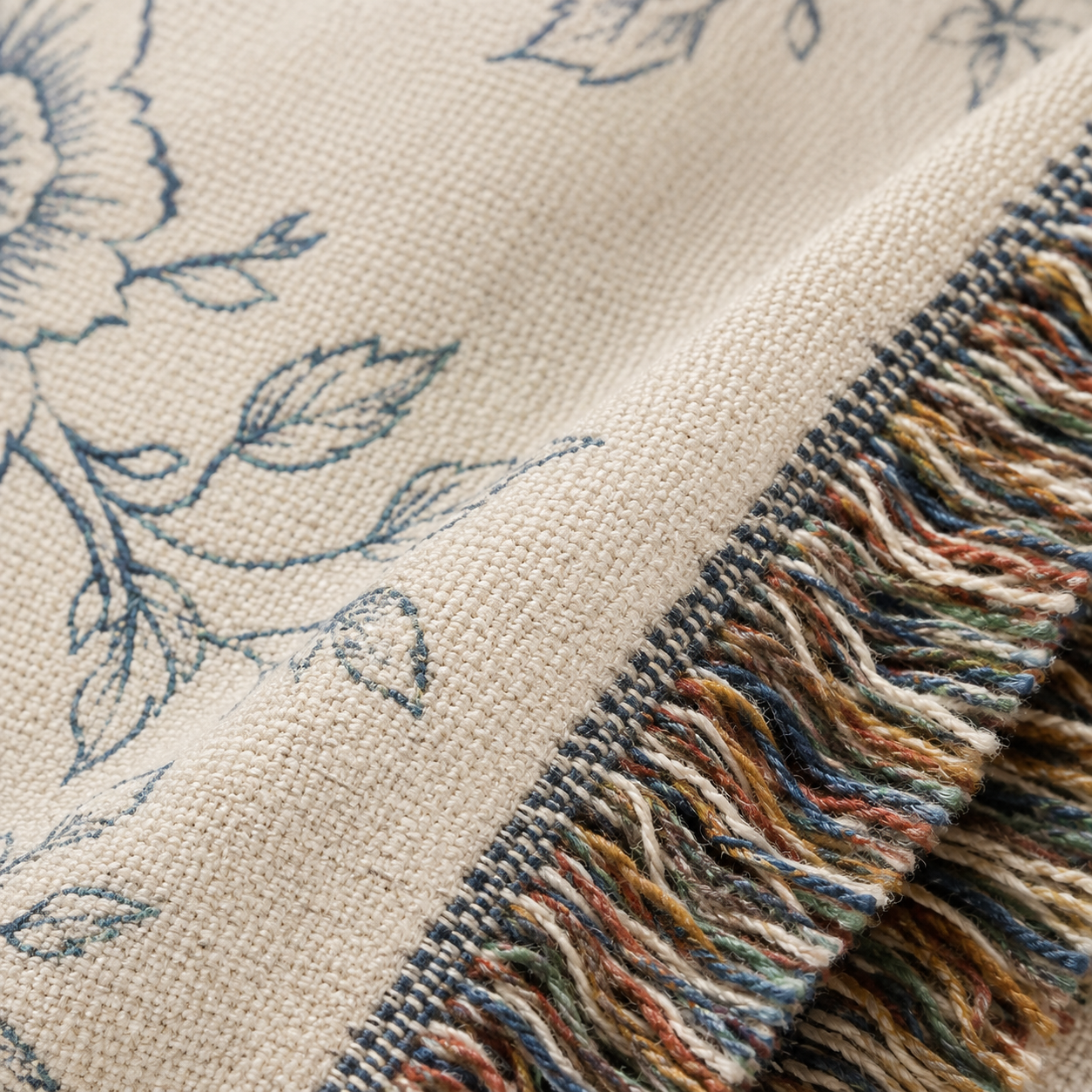 Macro detail of botanical monogram wedding woven blanket showing woven texture and multicolor fringe