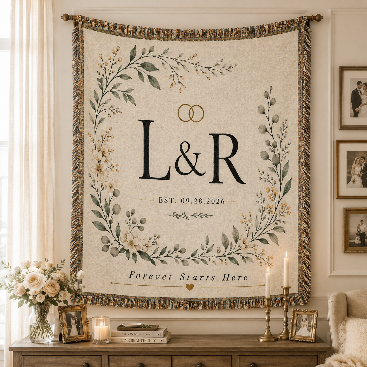 Personalized botanical monogram wedding woven blanket displayed as elegant wall decor